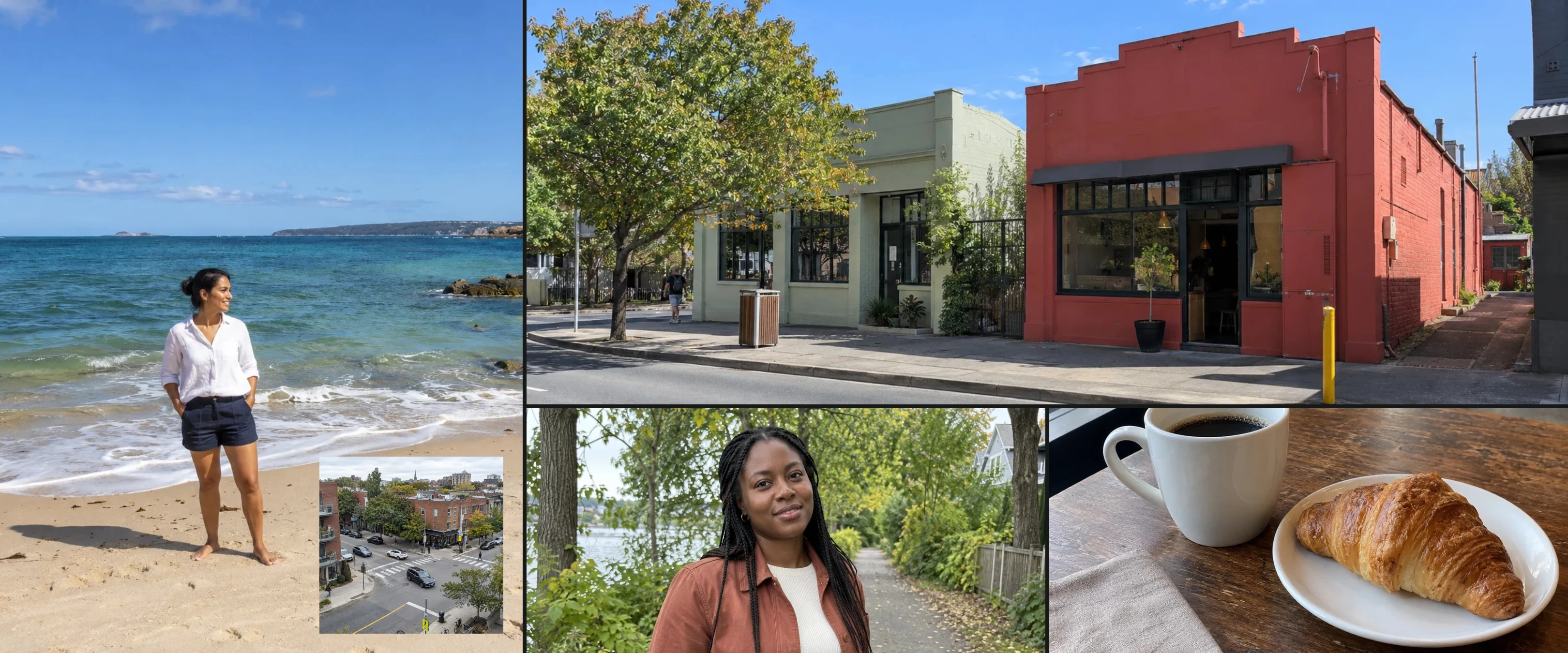 Travel story: the same 5 AI-created photos arranged by Camera Refine, with a landscape spanning two adjoining pages