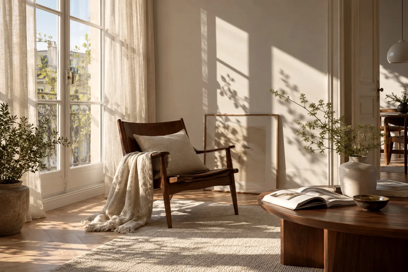 A room in window light: actual Camera Refine output on the same AI-created source