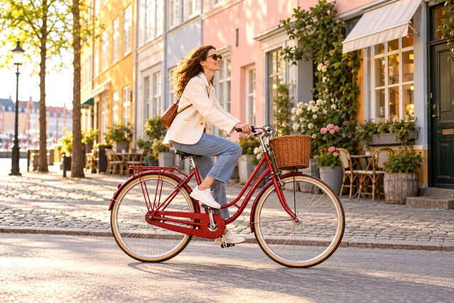 A cyclist on a sunlit street, processed with the Gold-inspired Frame Lab look