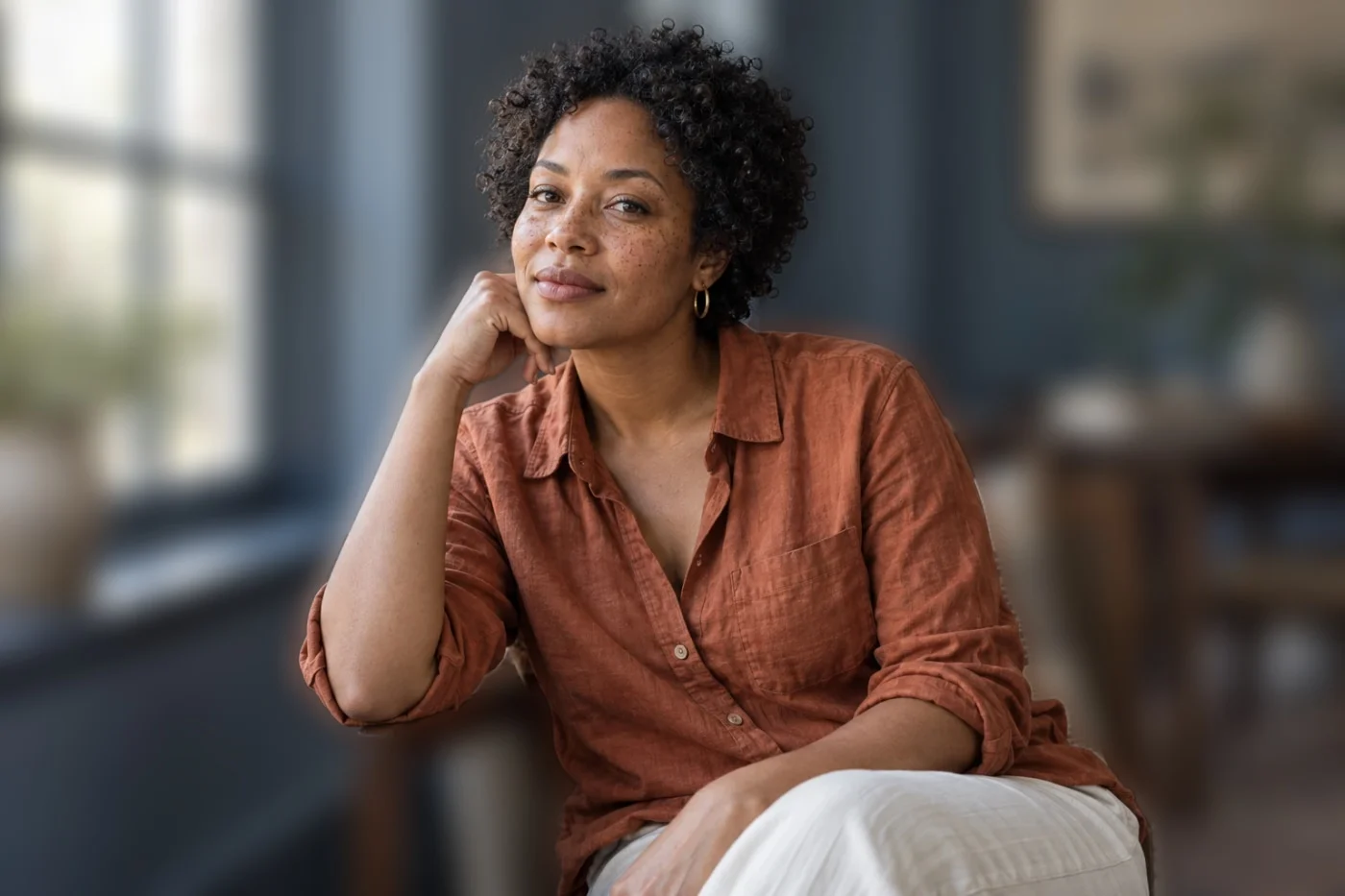 A window-lit portrait with its room softened by Camera Refine background blur